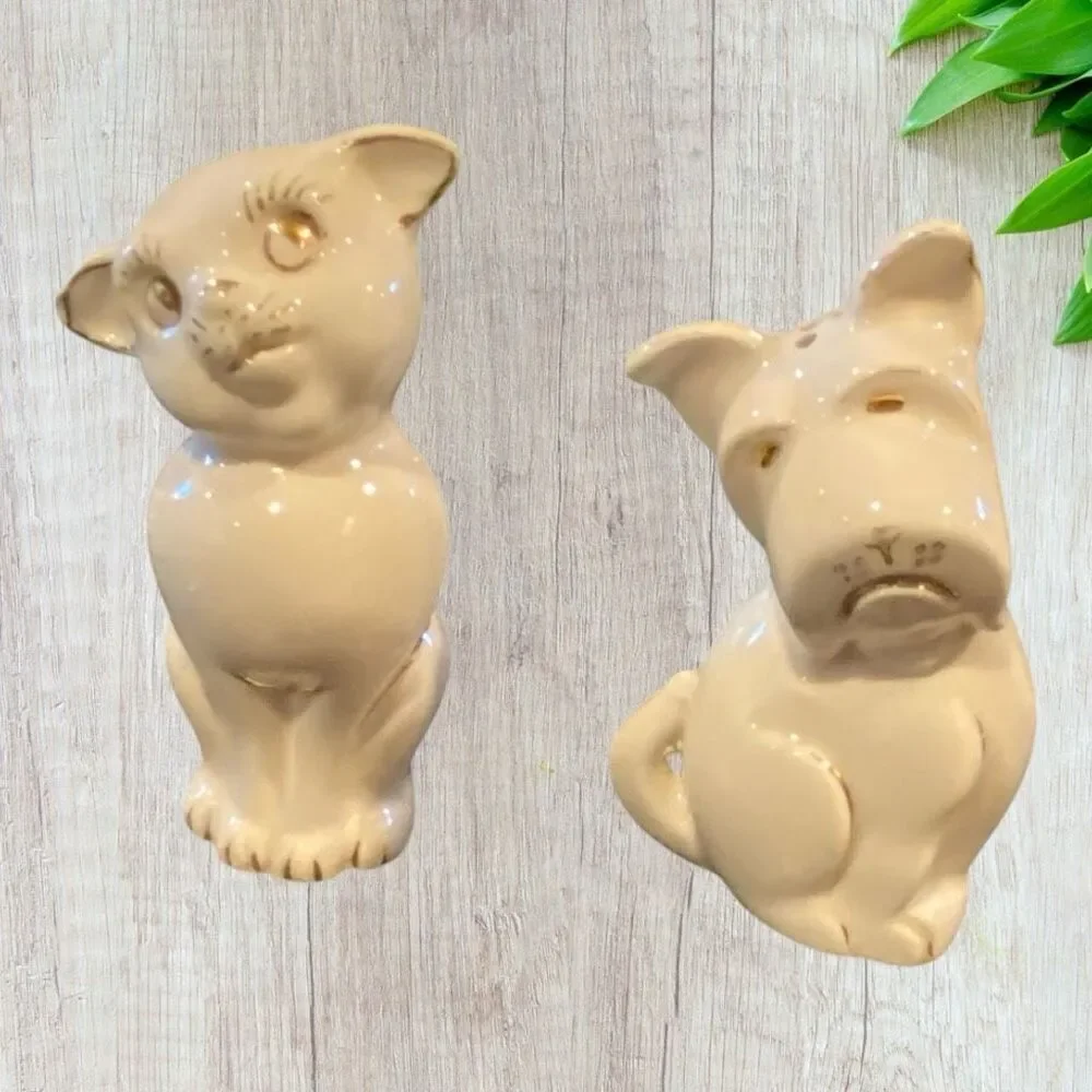 Vintage Dog Cat Salt Pepper Scottie Gold Trim
